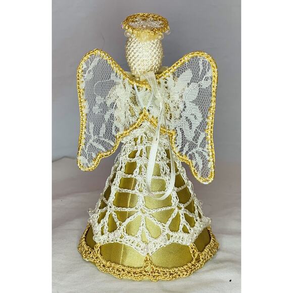 Vintage Crochet Angel Ornament Tree Topper Christmas Gold Handmade Lace 6" Decor - Picture 3 of 10